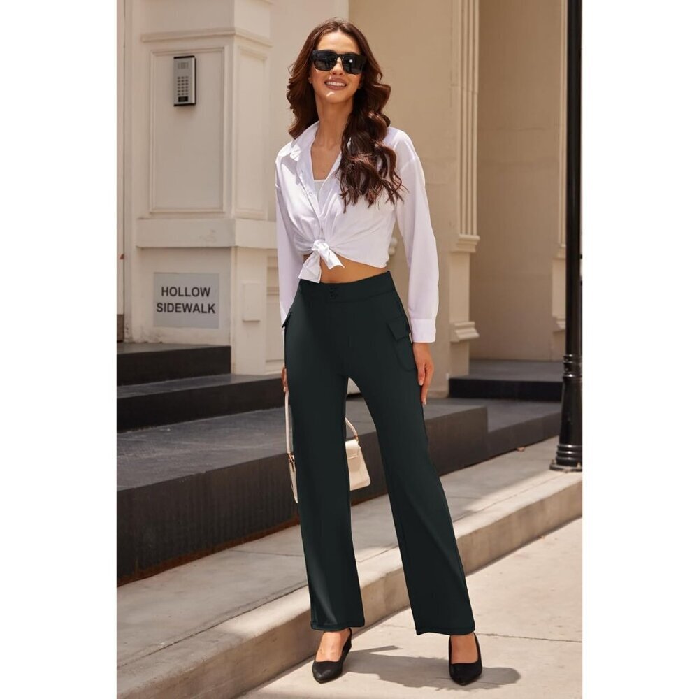 Women's Coal Black Casual High Waist Straight Leg Imported Stretchy Button Pants - Picture 3 of 6